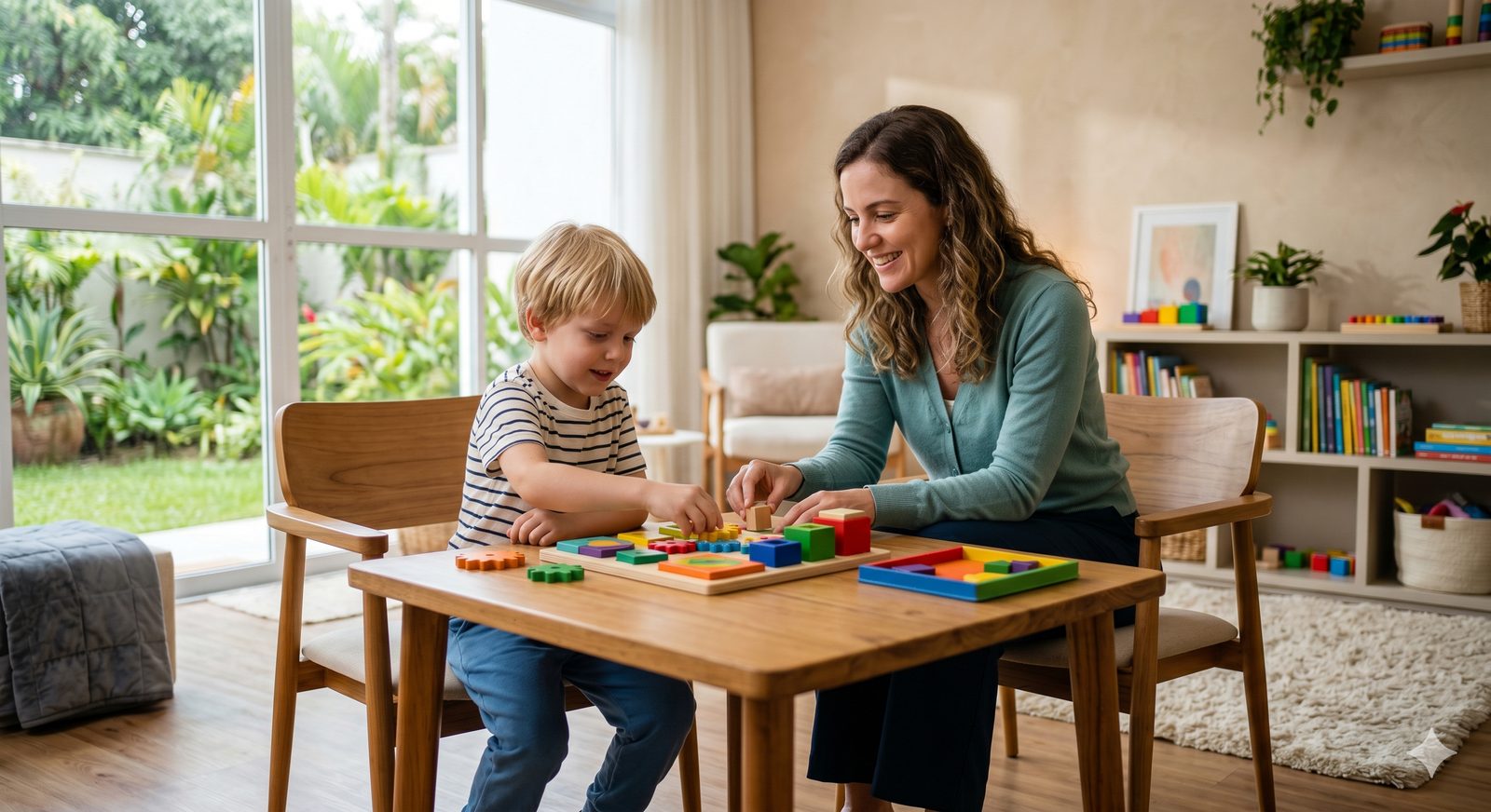 Terapeuta brincando com criança no espectro autista