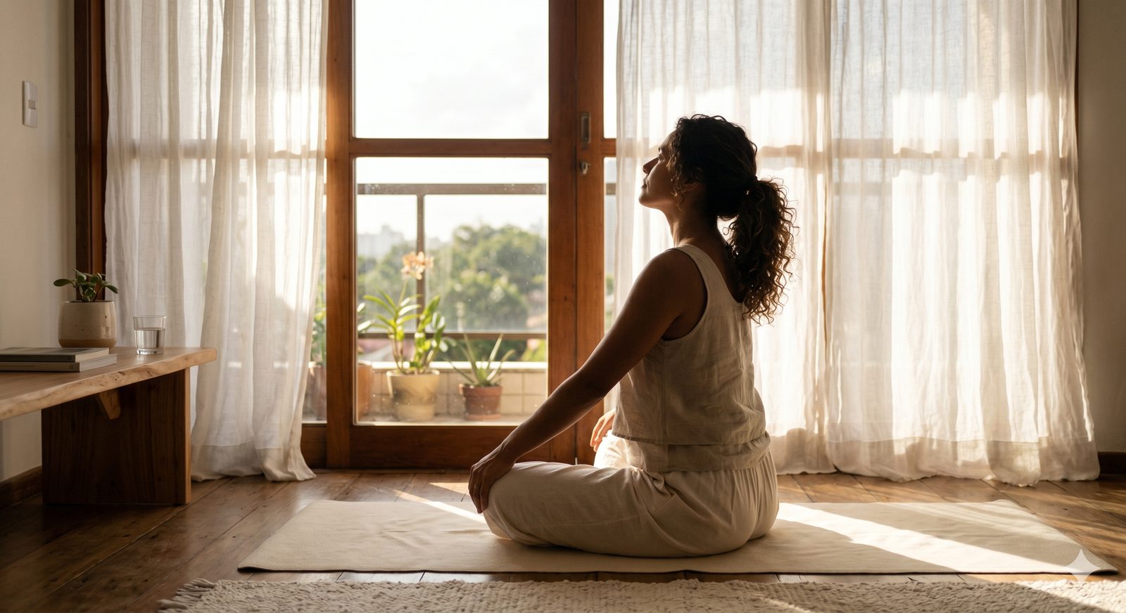 Mulher em meditação ao amanhecer, simbolizando cuidado integrativo